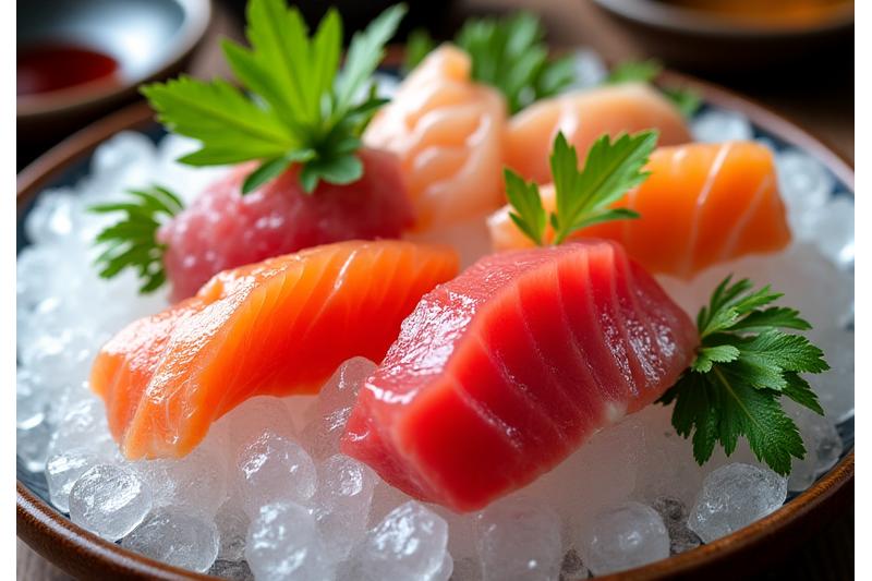 Fresh sashimi platter, beautifully arranged with various fish and garnishes