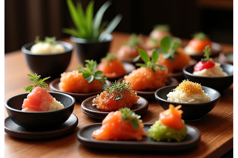 Mori No Tabemono seasonal Omakase course with various dishes on a wooden table