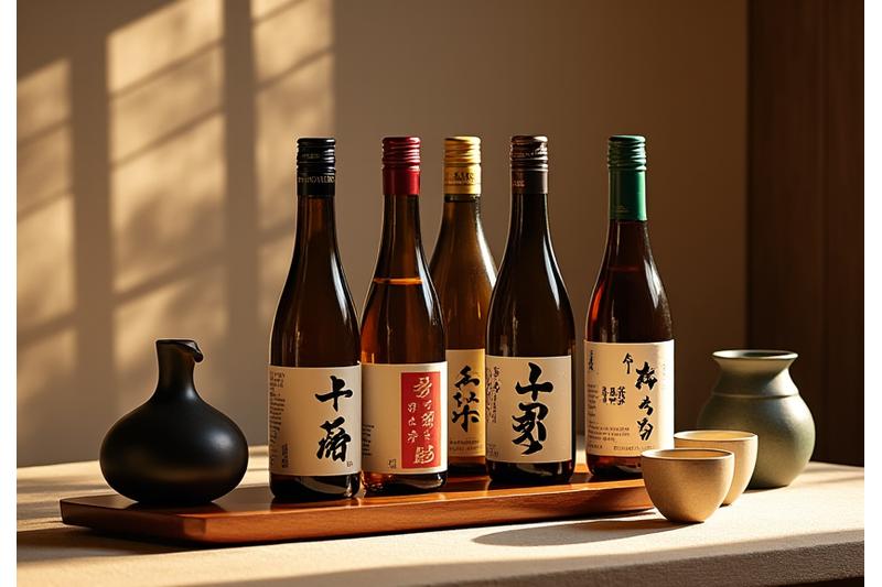 Selection of premium Japanese sake bottles with traditional sake cups